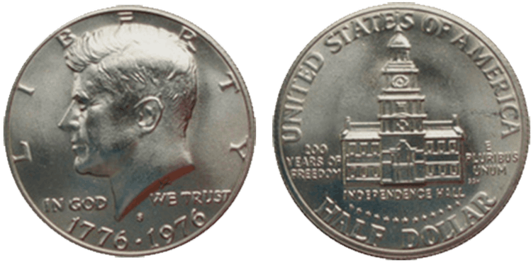 picture of the coin with John Fitzgerald Kennedy facing left on the Obverse and Independence Hall on the reverse. The coin is more shiny and beautiful