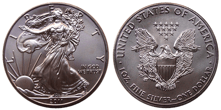 picture of the coin with Walking Liberty on the Obverse and Heraldic eagle with shield on the reverse