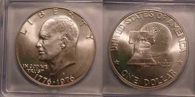 picture of the coin with The portrait of Dwight D. Eisenhower facing left and dates below on the Obverse and The Liberty Bell with the moon on the reverse