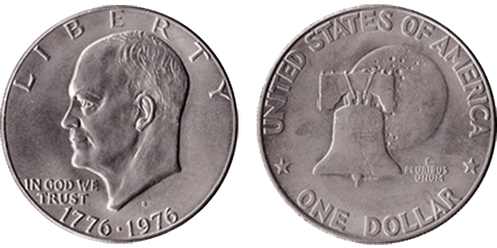 picture of the coin with The portrait of Dwight D. Eisenhower facing left and dates below on the Obverse and The Liberty Bell with the moon on the reverse