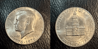 picture of the coin with John Fitzgerald Kennedy facing left on the Obverse and Independence Hall on the reverse.