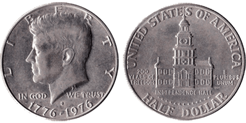 picture of the coin with John Fitzgerald Kennedy facing left on the Obverse and Independence Hall on the reverse