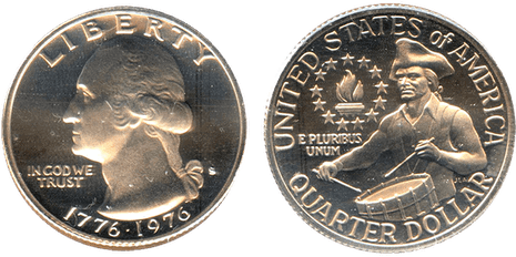 Image of the Washington Bicentennial Quarter. The portrait in left profile of George Washington with the motto: "IN GOD WE TRUST" and "LIBERTY"