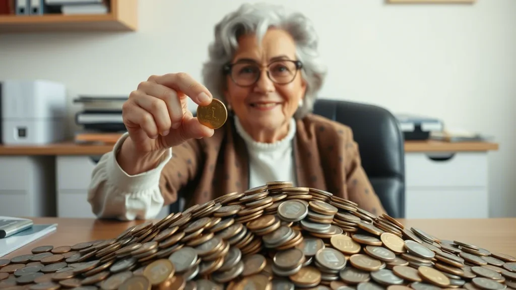 An office. There is a mountain of coins on the table. An elderly woman with gray hair happily points a coin at the screen. She finally found the rarest one